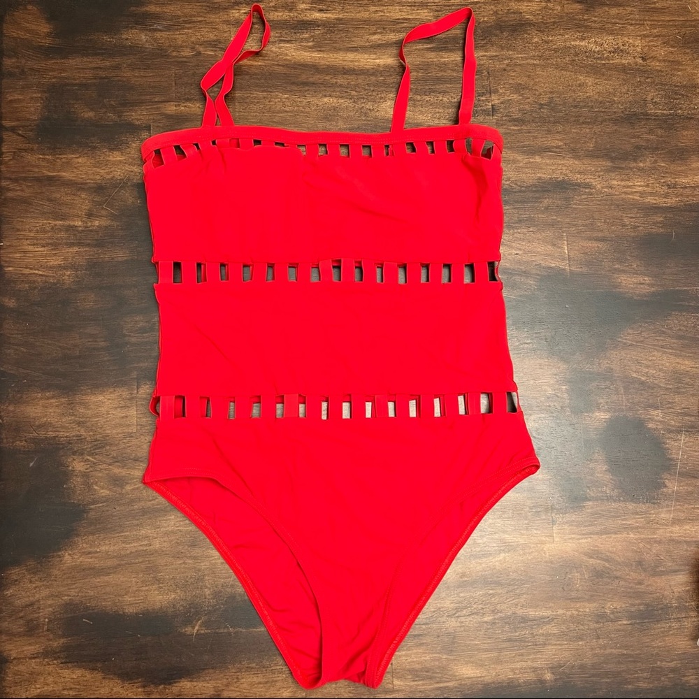 Moeva red straight neckline one piece swimsuit size large